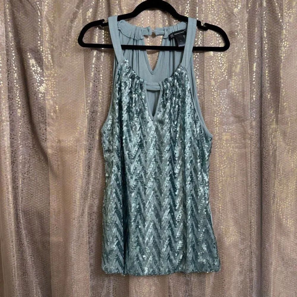 INC International Concepts Sequin Sage Green High Neck Blouse Flawed XL